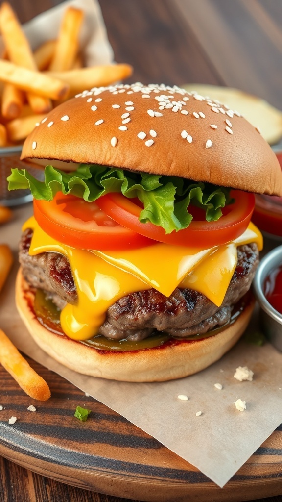 A classic cheeseburger with beef patty, cheese, lettuce, and tomato on a sesame seed bun with fries.